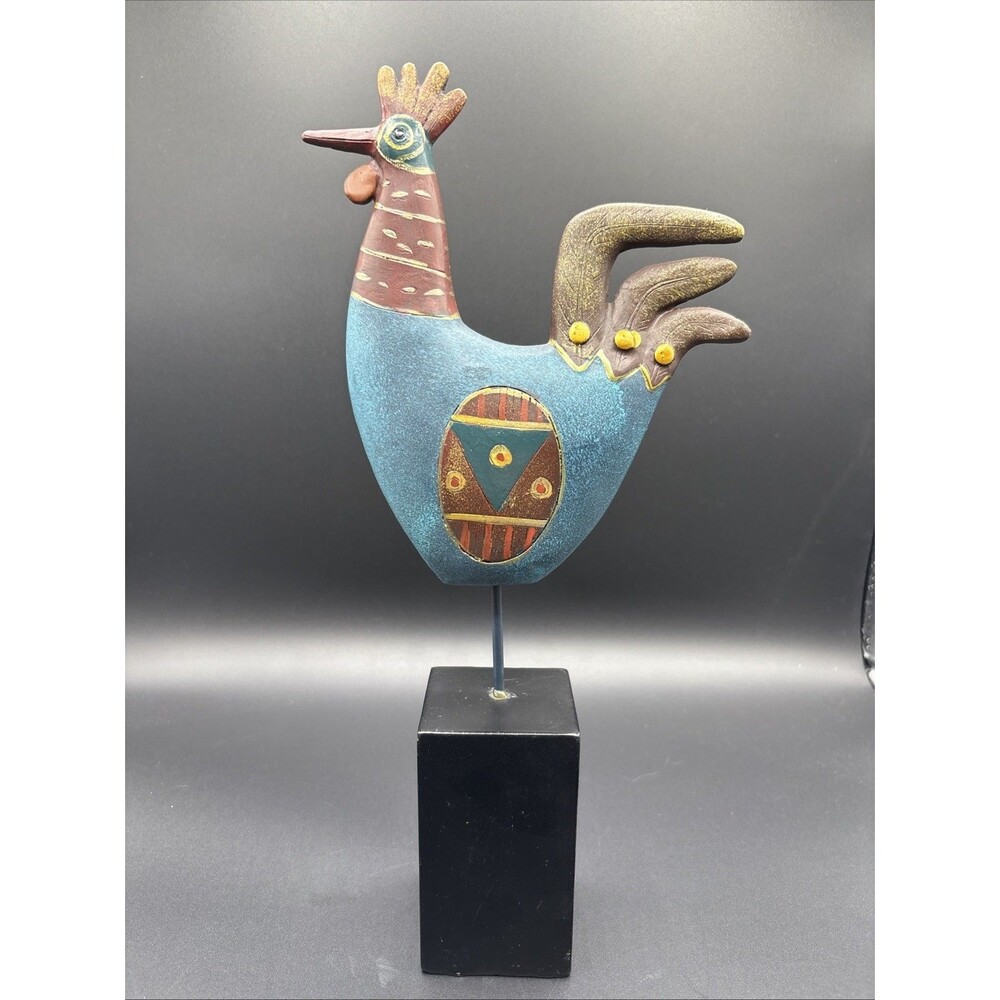 Folk Art Rooster Chicken 12.5" Figurine Country Bird On Stand